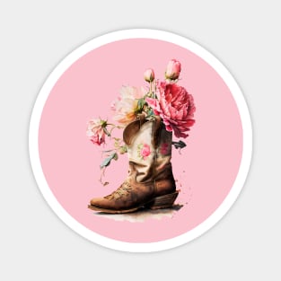 Pink Peonies Brown Cowgirl Boot Magnet